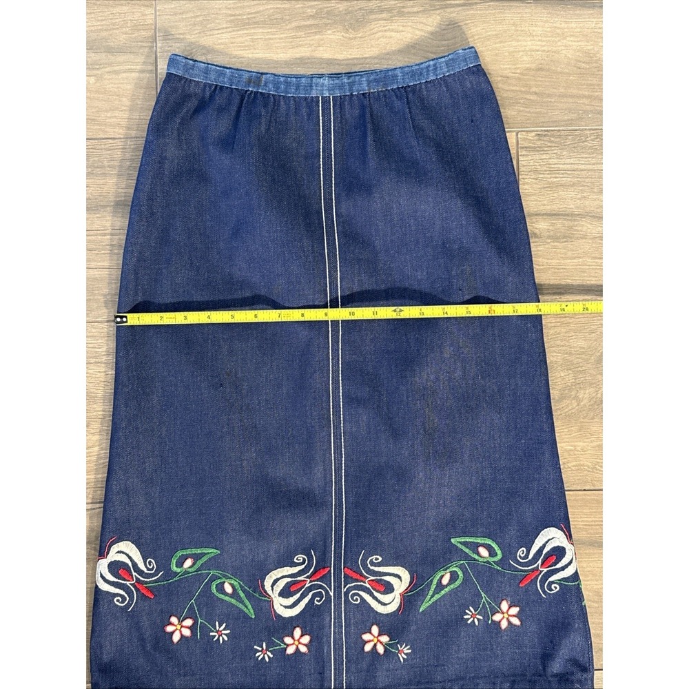 Vintage 70s Handmade Midi Denim Skirt Embroidered Flowers Hippie 27" Waist XS/S - Picture 5 of 16
